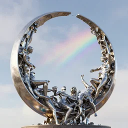 metal curved circular sculpture with gestural forms and human parts mixed together into a monumental artwork, lifting up towards heaven, rainbow crystal reflections, style of jack storms, anthony howe, octane render, 4 k