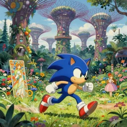 A beautiful painting of Sonic the edgedog running through an utopian garden and forest with supertrees by Alfons Maria Mucha and Julie Dillon and Makoto Shinkai