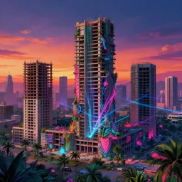 a beautiful detailed rendering of unfinished building city assembly by wayne thiebaud, synthwave sunset tron magic realism uv light atlantis laser dieselpunk cgsociety dramatic lighting water nightvision vaporwave junglepunk infrared san andreas, archdaily, wallpaper, highly detailed, trending on artstation.