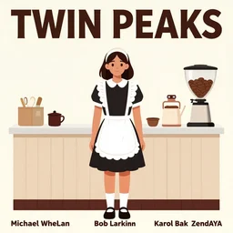 poster artwork by Michael Whelan, Bob Larkin and Tomer Hanuka, Karol Bak of Zendaya is a high school student working at the diner wearing waitress dress, from scene from Twin Peaks, simple illustration, domestic, nostalgic, from scene from Twin Peaks, clean