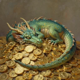 painting of a dragon sleeping on top of gold coins!! soft lighting, high fantasy, retro 8 0 s, realistic illustration, art by peter elson,