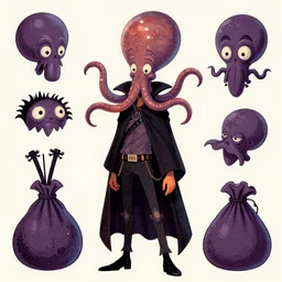 vintage cartoon psychic punk rocker electrifying rockstar with a giant squid for a head wearing a big bag like vampire cloak concept designs of various shapes and sizes for a character by genndy tartakovsky for hotel Transylvania trending on art station