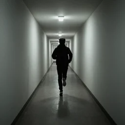 a liminal backroom corridor with a black figure running