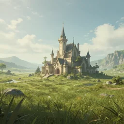 A serene landscape with a singular building in the style of fantasy