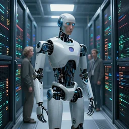 extremely detailed realistic movie still 3 0 7 7 portrait shot of a robot in an endless supercomputer data centre by denis villeneuve, wayne barlowe, simon birch, philippe druillet, beeple, volumetric sunlight from small windows