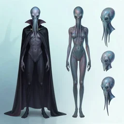 concept art character with a vampire squid head and cape that is tall and thin character sheets that focuses on an ocean setting with help from lead artist Andy Suriano for a new episode of rise of the teenage mutant ninja turtles on nickelodeon that is trending on art station comic book dots with chromatic aberration