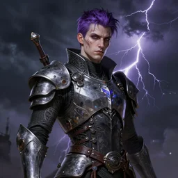 portrait of beautiful gothic and futuristic young man, more thunderstorm, cyber armor, a lot of scars,, purple head, the middle ages, highly detailed, artstation, illustration, art by jean delville, 8 k quality, art by greg gandy and gustav klimt