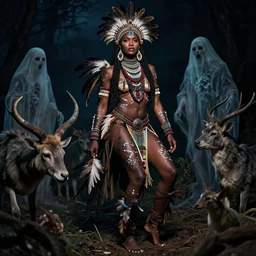 editorial full body photo portrait of beautiful and strong African shaman princess at night, souronded with ghosts of animals, shaman body, feathers and paint, photo by mario testino, cinematic, hyper detailed, micro details, insanely detailed, trending on artstation,dark background, dramatic lighting, cinematic angle, concept art, insanely detailed and intricate