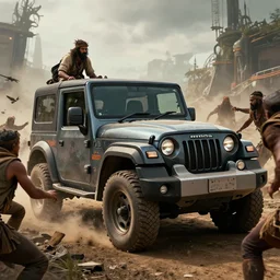 Mahindra thar, tribe members attacking, action scene, an epic fantasy, dramatic lighting, cinematic, establishing shot, extremely high detail, photorealistic, cinematic lighting, tending on artstation, solarpunk, matte painting, octane render, by simon stalenhag, horizon forbidden west, aesthetic
