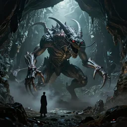 the kraken fighting cthulhu in a dim cave, a lone sentry figure, low hanging fog, by hp lovecraft, by greg rutkowski, by andree wallin, by zdzislaw beksinski, thalassophobia, very detailed, octane render, cinematic lighting, volumetric lighting, 8 5 mm