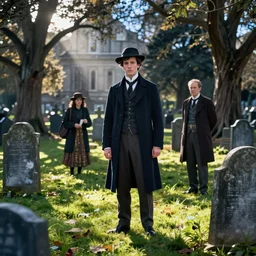 sherlock holmes standing in a graveyard, detailed, by raymond swanland, by tom bagshaw, hd, by sherree valentine daines, sunny, by fintan magee, bright, night