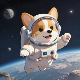 cute happy corgi in a spacesuit, flying through space, detailed, beautiful, anime style