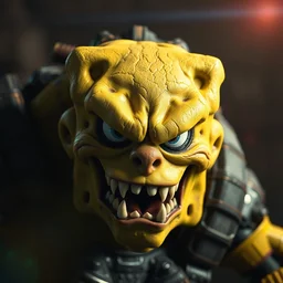 evil large spongebob monster in gears of war, splash art, movie still, detailed face, photorealistic facial features, cinematic lighting, dramatic, octane render, long lens, shallow depth of field, bokeh, anamorphic lens flare, 8 k, hyper detailed, 3 5 mm film grain