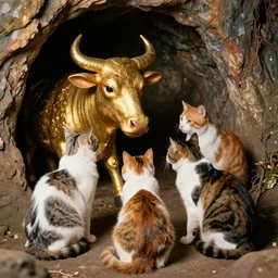 80's color Photo of cats worshipping a golden calf inside a cavern