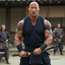 a film still of Dwayne Johnson as samurai holding katana