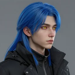 a male teenager with long blue hair and yellow eyes wearing a winter overcoat, hyperrealistic, concept art, octane render, unreal engine 5, trending on artstation, high quality, 8 k, highly detailed, digital art, anatomically correct, symmetrical, realistic and defined face, profile picture, high coherence, path traced, beautiful, face portrait, yellow eyes, blue hair