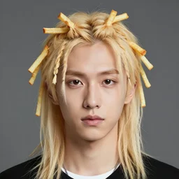 god with blond hair that has multiple french fry shaped dreads sticking to all sides