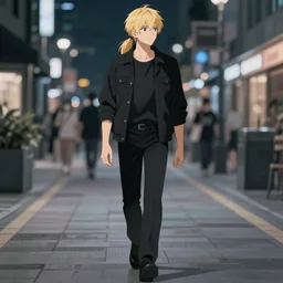 a blonde man with a ponytail wearing black clothes wanders through a city at night, anime, 4k