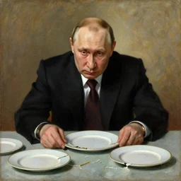 sad old vladimir putin sitting at the table with broken plates on it. painting by valentin serov tretiakov gallery