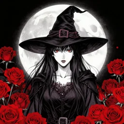 portrait, A witch in front of the full big moon, book cover, red roses, red white black colors, establishing shot, extremly high detail, foto realistic, cinematic lighting, pen and ink, intricate line drawings, by Yoshitaka Amano, Ruan Jia, Kentaro Miura, Artgerm, post processed, concept art, artstation, matte painting, style by eddie, raphael lacoste, alex ross
