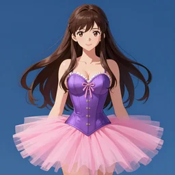 brunette fairy woman with long hair, wearing a purple corset and pink tutu, centered, anime, highly detailed, digital painting, trending on pixiv, concept art, sharp focus, illustration, art by chloe schmid, blue background