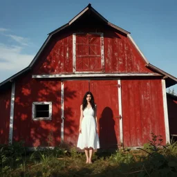 a young woman in!! the shadow! of a red barn!. black hair, white! dress, sharp focus, wide angle, digital art by eddie mendoza and andrei riabovitchev, fantasy, radiant light, intricate details, trending on artstation
