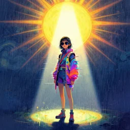 a lonely girl alone in vast cyberspace, glitching through the rain, sunburst background, wearing sunglasses, futuristic clothes, vibrant colors, glitchy, rule of thirds, spotlight, drips of paint, expressive, passionate, by greg rutkowski, by jeremy mann, by francoise nielly, by van gogh, digital painting