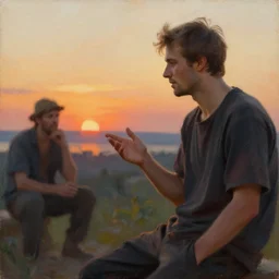 attractive man chatting, sunset, painting by vladimir volegov, j. c. leyendecker, tom of finland, trending on artstation