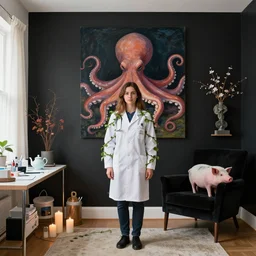 a female pathology student in her apartment, wrapped in vines, medical equipment, candles, octopus, teapot, pig, black walls, ikebana, black armchair, sculpture, acrylic on canvas, surrealist, by magritte and monet