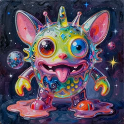 a hd surrealism acrylic painting render of a 3d cast glass galactic neon complimentary colored cartoon surrealism melting symmetrical creature by kandsky and salvia dali the fourth, salvador dali's much much much much more talented painter cousin, 4k, ultra realistic