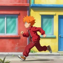 orange - haired anime boy, 1 7 - year - old anime boy with wild spiky hair, wearing red jacket, running past colorful building, red - yellow - blue colored building, turquoise aquamarine windows, strong lighting, strong shadows, vivid hues, ultra - realistic, sharp details, subsurface scattering, intricate details, hd anime, 2 0 1 9 anime