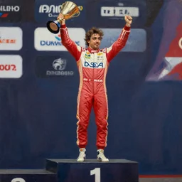 fernando alonso dancing on the podium after winning the driver's championship, oil painting by caravaggio