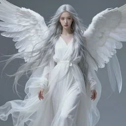 tall thin beautiful goddess, pale wan feminine angel, long flowing silver hair covering her whole body, beautiful painting, young wan angel, flowing silver hair, flowing white robes, flowing hair covering front of body, aesthetic, mystery