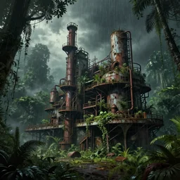 a beautiful ultradetailed illustration of urbex nature industrial architecture shipyard building by louis kahn, rainforest darkacademia assassin's creed cosmic at spring universe stormy junglepunk vice city apocalyptic dieselpunk cyberpunk, archdaily, wallpaper, highly detailed, trending on artstation.