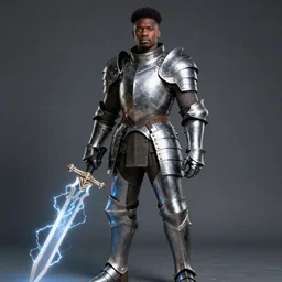 black man in full-plate armor, holding a lightning-sword, fantasy art by Greg Rutkowski