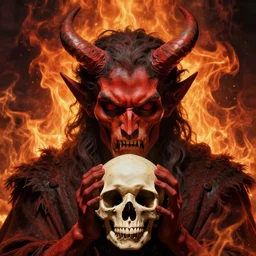 the _ devil _ holding _ a _ skull _ red _ horns _ ominous _ fiery _ background _ symmetrical _ detailed _ face _ despair _ highly _ detailed _ high _ resolution _ sandro _ botticel