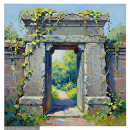 colorful Stephanie Pui-Mun Law impasto!! acrylic painting of the slate stone gateway of a forgotten civilization. vines and creepers, stone etchings