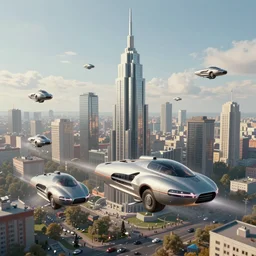 soviet city in transhumanism style with flying cars