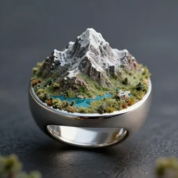 ring with a realistic mountain range sculpture on the edge of it, mini world on ring, macro, 4 k, photorealistic, fantasy