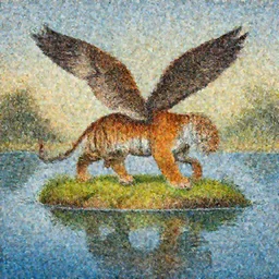 painting of a winged Tiger on a small island in a lake