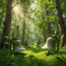 a dense panoramic realistic forest, the sun's rays break through the foliage, big beautiful bells grow in the fluffy emerald grass. and magic elves are flying nearby