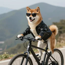 a photo of a shiba inu dog wearing sunglasses and black leather jacket riding a bike on top of a mountain