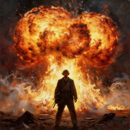 high quality high detail painting by ilya repin, man standing in front of huge explosion, fire, flames, wind, hd