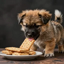 photo of serving graham crackers to a fluffy african wild / painted dog pup so he can happily lick his graham crackers : a good boy who deserves his tuesday graham crackers