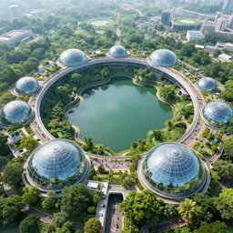 ecological ring world halo city with large glass domes with huge lakes and crowded paths, green lush vegetation, hyperdetailed, artstation, cgsociety, 8 k