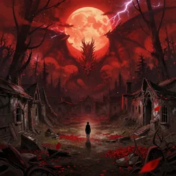 abandoned bloodborne old valley with a person at the centre and a dragon at the end, trees and stars in the background, falling red petals, epic red - orange moonlight, perfect lightning, illustration by niko delort and kentaro miura, 4 k, ultra realistic