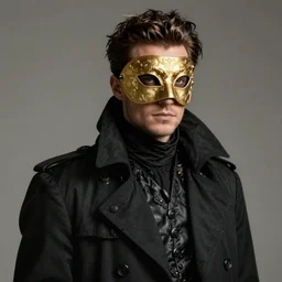 male figure with gold engraved corture mask, black oversized noble pirate trench coat，realistic, detailed, elegant, intricate, 4k, cinematic, artstation，eyes