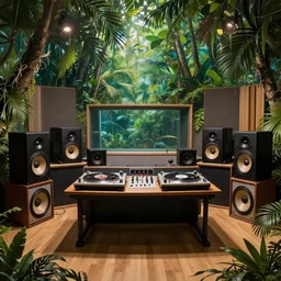 a dream recording studio with turntables and large speakers in the jungle, by roger dean, equirectangular projection 360