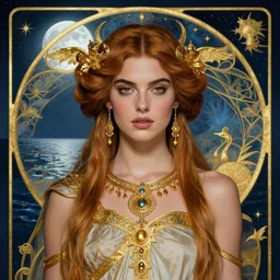 Emily Ratajkowski as the magic Greek goddess Circe, a beautiful art nouveau portrait by Gil elvgren, moonlit Mediterranean environment, centered composition, defined features, golden ratio, intricate gold jewlery