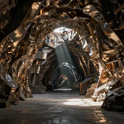 metallic, industrial, spacious, cave